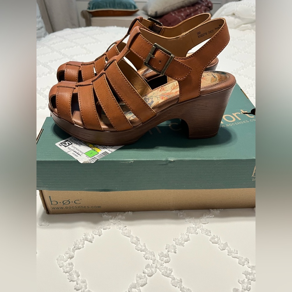 b.o.c. Tan Leather Strappy Block Heel Sandals